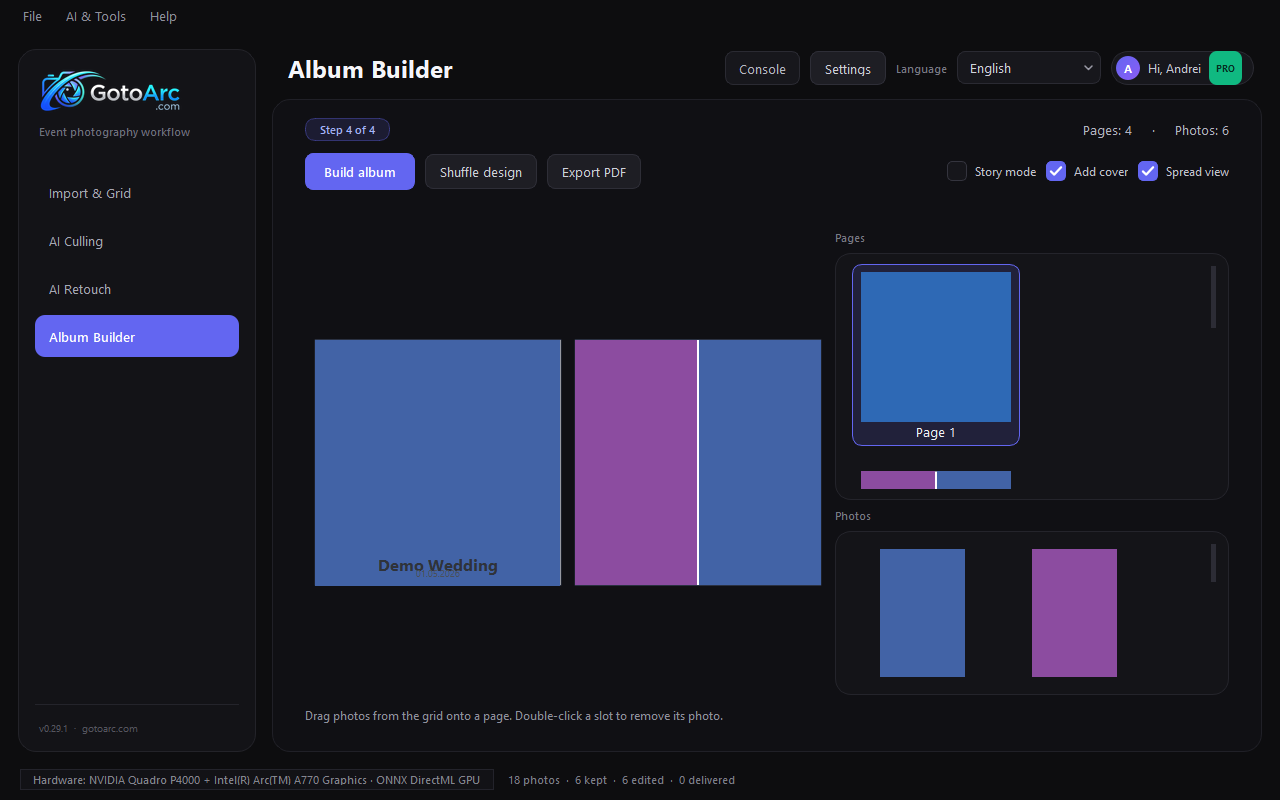 GotoArc album builder with print layout preview