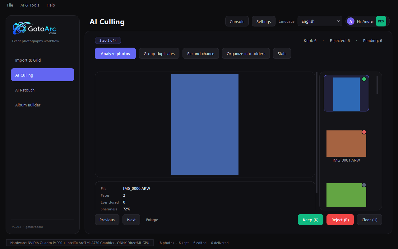 GotoArc AI culling screen with face and sharpness data
