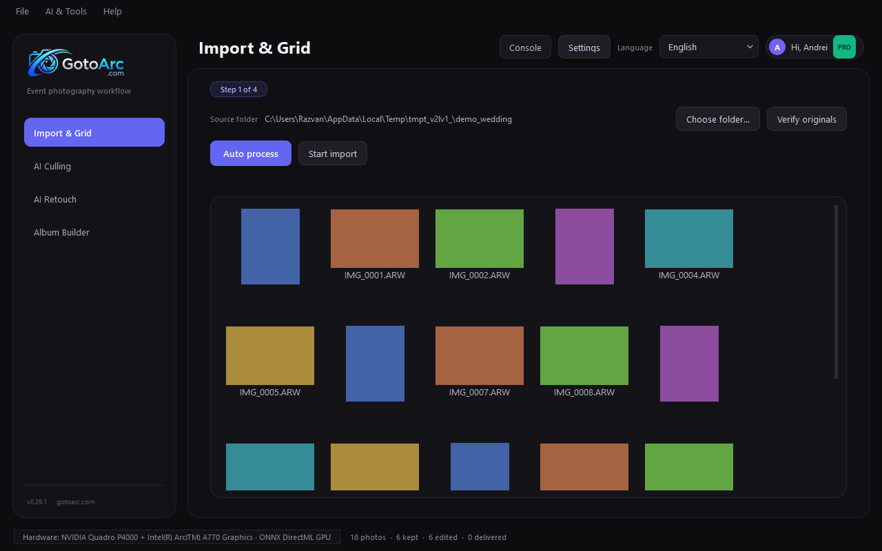 GotoArc import screen with photo grid and import counts